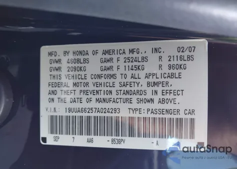 2007 Acura Tl 3.2 z USA, uszkodzony, nr VIN 19UUA66257A024293